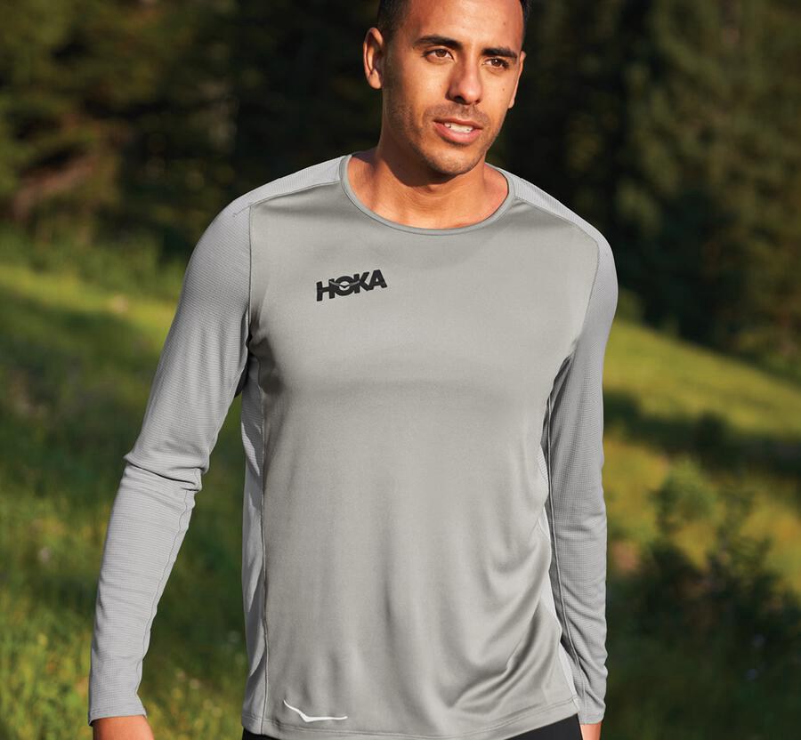 Tops Mens - Hoka One One Performance Long Sleeve - Grey - DEINSZT-27